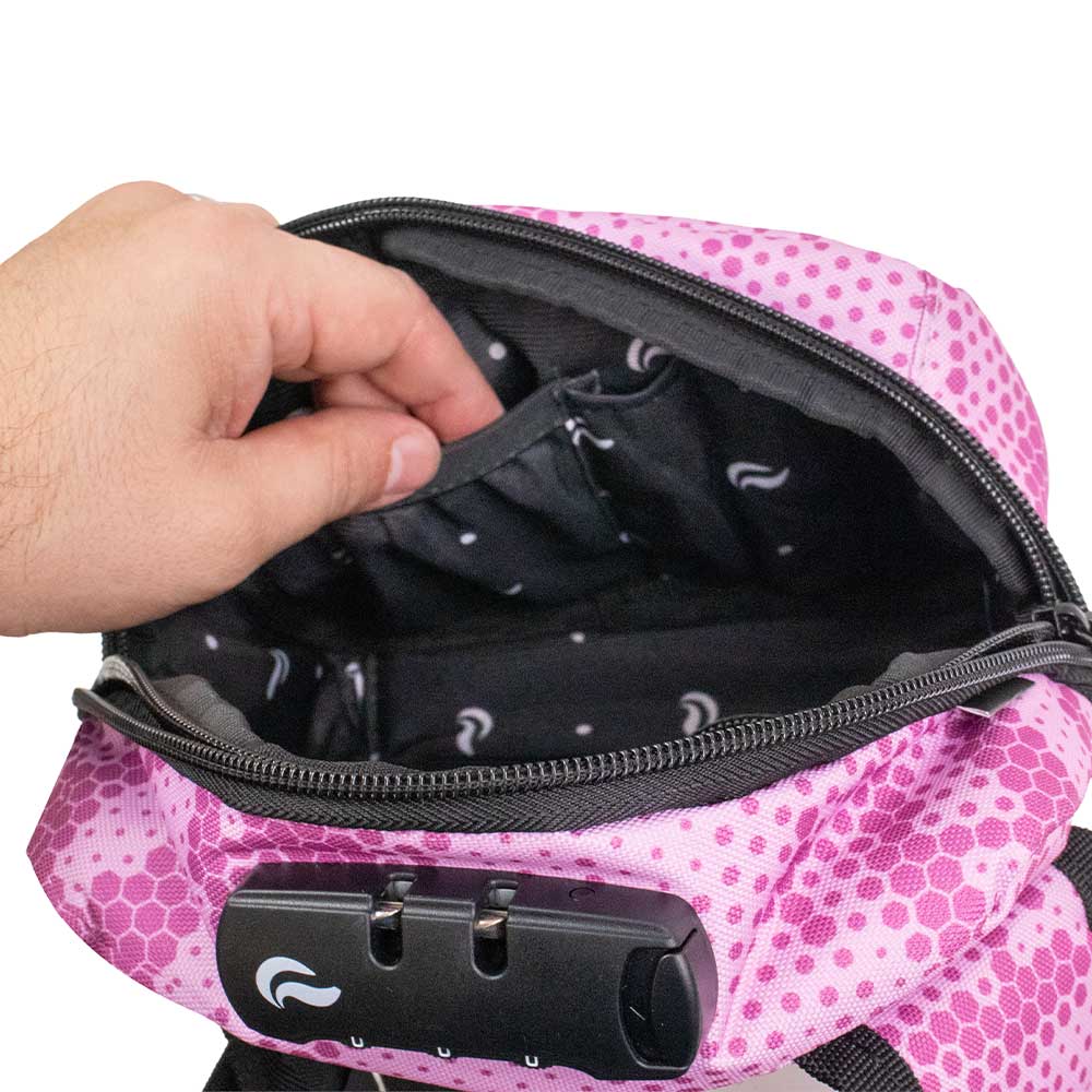 Skunk Bags Kross smell proof cross body bag bubblegum pink camo inside view